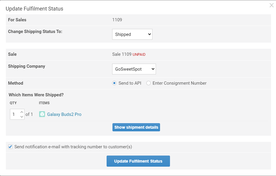 Update GoSweetSpot Fulfillment Status